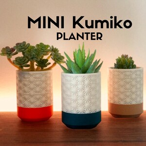 Puede incluir: Tres mini macetas Kumiko con suculentas artificiales. Las macetas tienen un patrón geométrico blanco con bases de colores en rojo, verde azulado y beige. El texto "MINI Kumiko PLANTER" se muestra arriba.