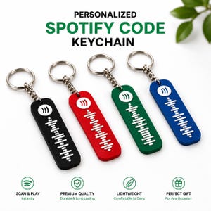 May include: Four rectangular keychains in black, red, green, and blue, each featuring a white Spotify logo and a scannable sound wave code. Each keychain includes a silver metal ring and chain. Text reads: PERSONALIZED SPOTIFY CODE KEYCHAIN.