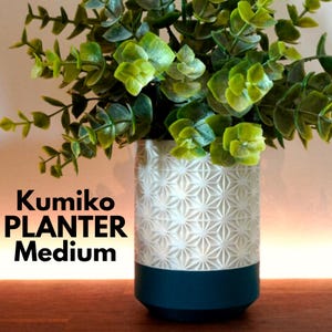 Puede incluir: Una maceta mediana con un patrón geométrico en blanco y una base azul oscuro, llena de plantas verdes con hojas. El texto "Kumiko PLANTER Medium" se muestra en la parte delantera de la maceta.