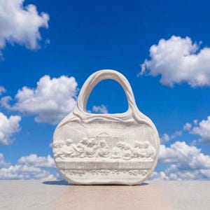 Puede incluir: Bolso de mano de cerámica blanca con un relieve esculpido que representa la Última Cena. El bolso tiene un asa curva y un cuerpo redondeado. El fondo es un cielo azul brillante con nubes blancas y esponjosas.
