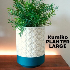 Puede incluir: Una maceta Kumiko blanca con un patrón geométrico de estrellas, una base turquesa y una planta verde. El texto "Kumiko PLANTER LARGE" se muestra en el lado derecho de la maceta. La maceta está sobre una superficie de madera.