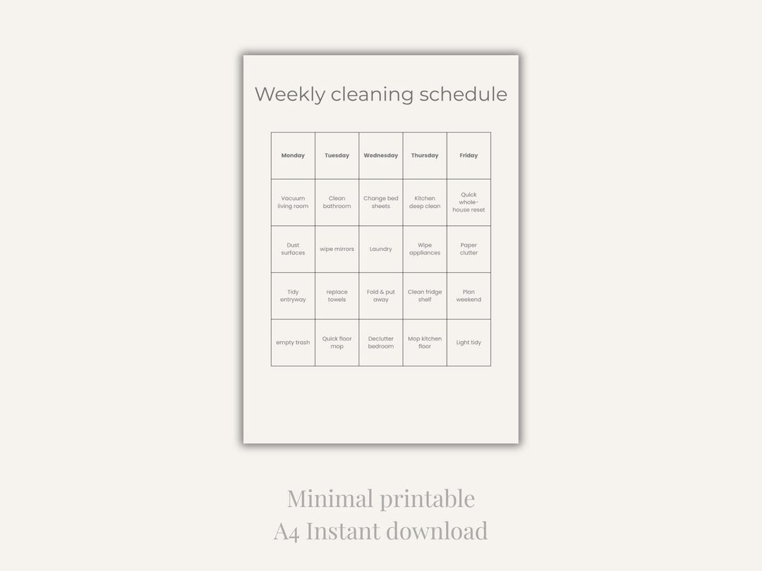 Weekly Cleaning Schedule Printable – Minimal Home Cleaning Planner ...