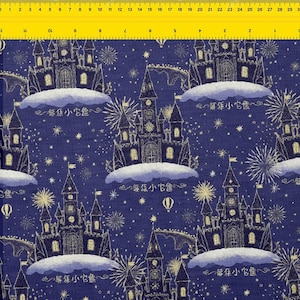 May include: Navy blue fabric featuring a repeating pattern of fairytale castles, fireworks, and clouds. The castles are detailed with towers, bridges, and flags, and are outlined in a light beige colour. The fabric has a whimsical, fantasy theme.