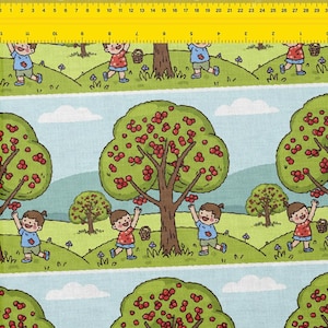 Stof per meter, kinderen plukken kersen, zonnig boomgaardpatroon, 147 cm breed