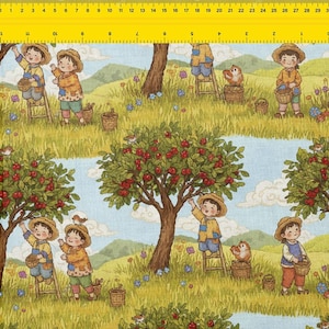 Stof per meter, kinderen plukken appels Sunny Orchard-patroon, 147 cm breed