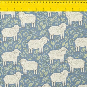 May include: A blue fabric with a repeating pattern of white sheep, green leaves, and swirling designs. The sheep have a textured appearance, and the overall design is reminiscent of a pastoral scene.