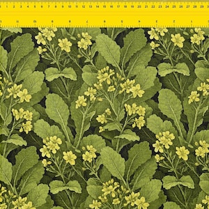 Peut inclure: Un tissu avec un motif répété de feuilles vertes et de fleurs jaunes. Les feuilles sont grandes et ovales, avec un aspect texturé. Les fleurs sont petites et regroupées. Le fond est de couleur vert foncé.