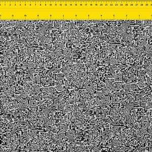 May include: Black and white fabric with a repeating pattern of QR codes. The design features a dense arrangement of squares and lines, creating a complex, abstract visual texture. The fabric has a light background.