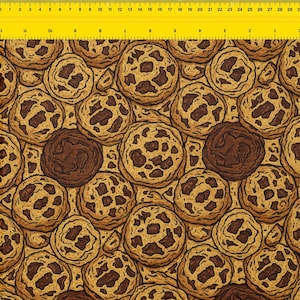 May include: A fabric pattern featuring a repeating design of chocolate chip cookies. The cookies are in shades of brown and tan, with a detailed, textured appearance. The pattern is suitable for various craft projects.
