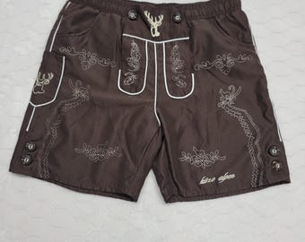 Kitzo Alpen Mens Medium Lederhosen Swim Trunks Brown Austrian Embroidered Shorts
