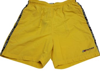 Vintage Tommy Hilfiger Athletics Swim Trunks Mens Medium Yellow 90s Tape Logo