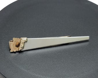 Vintage Swank Saw Tie Clip Handsaw Gold Silver Tone MCM Carpenter Tool Jewelry