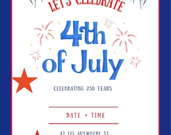 Modèle d'invitation du 4 juillet | Invitation fête patriotique modifiable | Invitation à la célébration USA 250