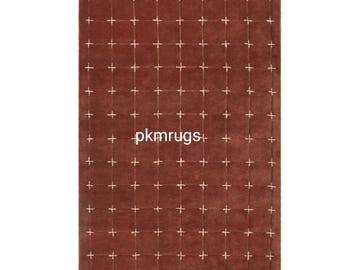 Modern Hand Tufted Brunt Orange Wool Area Rug, Scandi Boho Geometric Decor for loving room bedroom office In all sizes