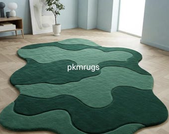 Deep Green Irregular Hand Tufted Rug, Abstract Organic Wavy Wool Area Rugs For Bedroom in all Sizes