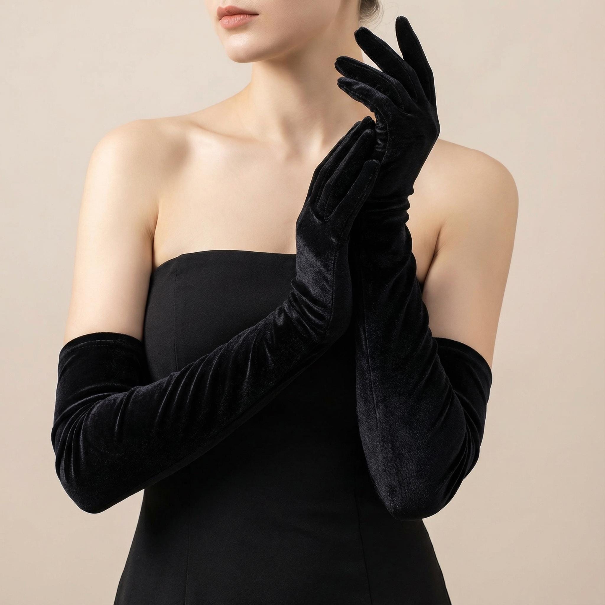 black velvet dress with gloves Black Long Velvet Evening Gloves with Bows