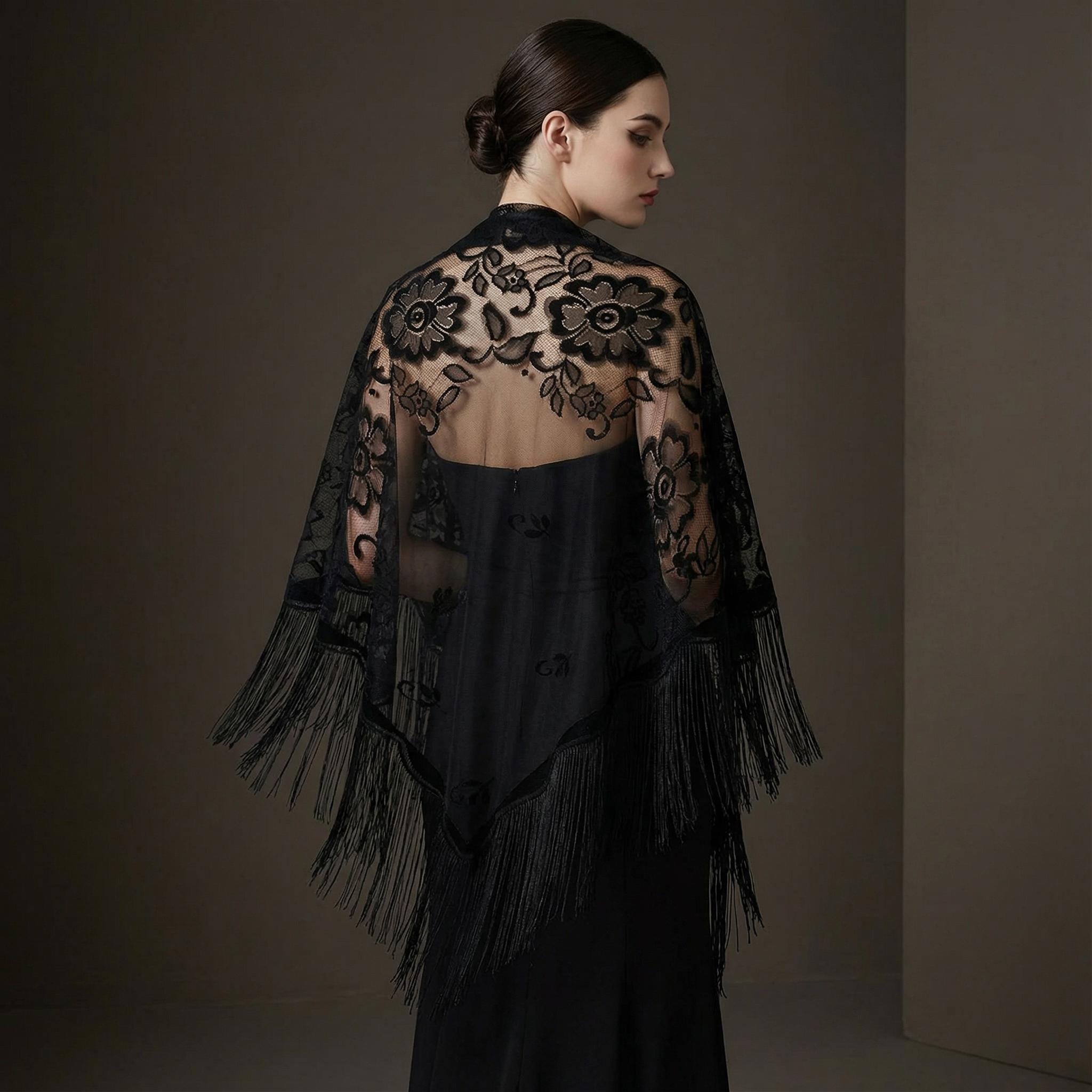 sheer black capelet shawl