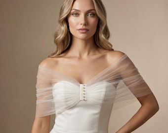 Sheer Off Shoulder Bridal Wrap, Tulle Wedding Shawl with Pearl Detail, Elegant Bridal Cover Up, Soft Wedding Bolero for Bride