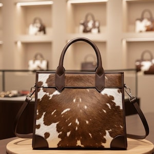 May include: A brown and white cowhide tote bag with a top handle and a detachable shoulder strap. The bag has a rectangular shape with brown leather trim and corner accents. The bag is displayed on a wooden surface.