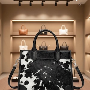 May include: A black and white cowhide tote bag with a rectangular shape. The bag has a black leather top, handles, and corners. It includes a detachable black shoulder strap and silver-tone hardware. Other handbags are displayed on shelves in the background.