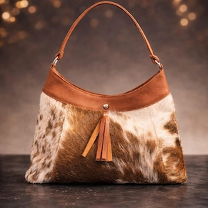 Handgefertigte Rindsleder Hobo Bag - Braune & weiße Hair On Leder Schultertasche mit Quaste