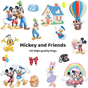 May include: A collection of colorful cartoon images featuring Mickey Mouse, Donald Duck, Goofy, and other Disney characters. Includes a house, balloons, a hot air balloon, a cupcake, a bow, and a vintage car. Text reads "Mickey and Friends" and "127 High quality Pngs."