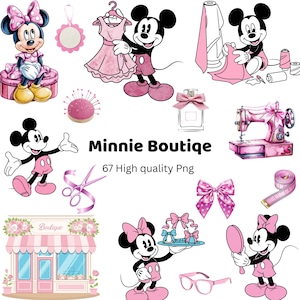 Op de afbeelding: Een verzameling roze en zwarte illustraties met Mickey en Minnie Mouse. De afbeeldingen bevatten een boetiek, een naaimachine, een jurk, een parfumfles, een schaar, strikken en de tekst "Minnie Boutique".