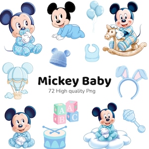 Könnte beinhalten: Eine Sammlung von Baby-Illustrationen mit Micky Maus in verschiedenen Posen und mit Baby-Accessoires. Das Bild zeigt Micky Maus in einem blauen Strampler, ein Schaukelpferd, Luftballons, eine Lätzchen, einen Hut, Blöcke, eine Trommel und Hasenohren. Der Text "Mickey Baby" wird angezeigt.