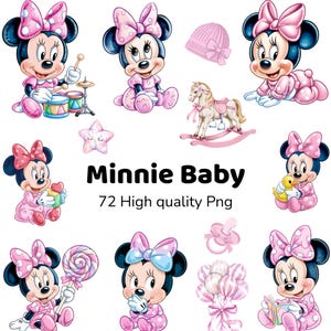 May include: A collection of illustrations featuring Minnie Mouse in various baby-themed poses. Minnie is depicted in pink outfits, with bows, and holding items like a drum set, a rocking horse, and a pacifier. The text "Minnie Baby" is also present.