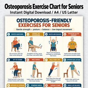 Op de afbeelding: Een osteoporose-oefenschema voor senioren als digitale download met twaalf geïllustreerde bewegingen. De kaart bevat instructies voor zittend marcheren, beenstrekkingen, armreikbewegingen, schouderblad-oefeningen en opstaan uit een stoel.