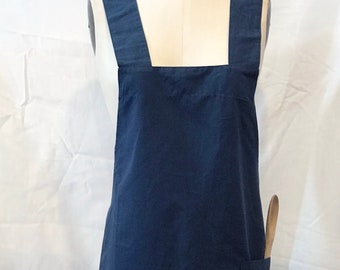 Cross Back Work Apron in Hemp, Cotton,  Blue Diesel color with Liberty of London details and pocket