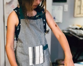 Kids Full Apron in denim stripe with contrast pocket, Crafting Apron, Baking with Children