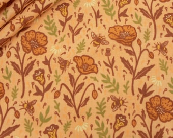 Spice color Poppies Floral fabric in organic cotton lawn, bees, flowers, Wild Coast Collection