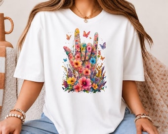I Love You Sign Language Floral Butterflies ASL T-Shirt, ASL Teacher Gift, Deaf Pride Gift, Sign Language Graphic Tee