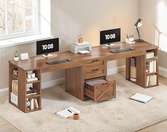 Farmhouse 2 Person Desk, 96 Inch Double Computer Workstation with Storage Drawers