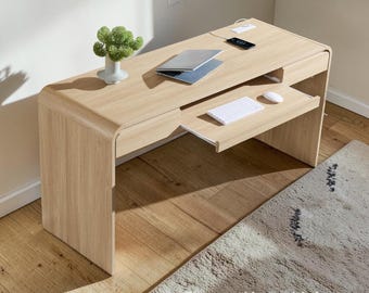 Modern Executive Desk, 63-Inch Curved Wood Office, 2 Drawers, Keyboard Tray, Charging Station