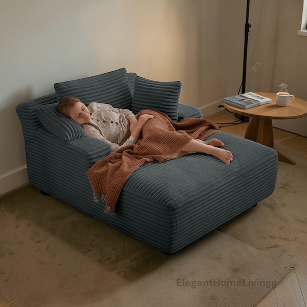 Oversized Corduroy Chaise Lounge | Cloud Sofa Bed, Deep Seat Sleeper Reading Chair