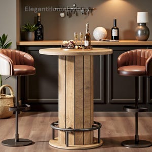 May include: A wooden bar table with a round top and a cylindrical base, flanked by two brown leather bar stools. The table is set with champagne glasses and a bottle. The bar stools have a metal base and a footrest. The background includes a bar area with bottles and a lamp.