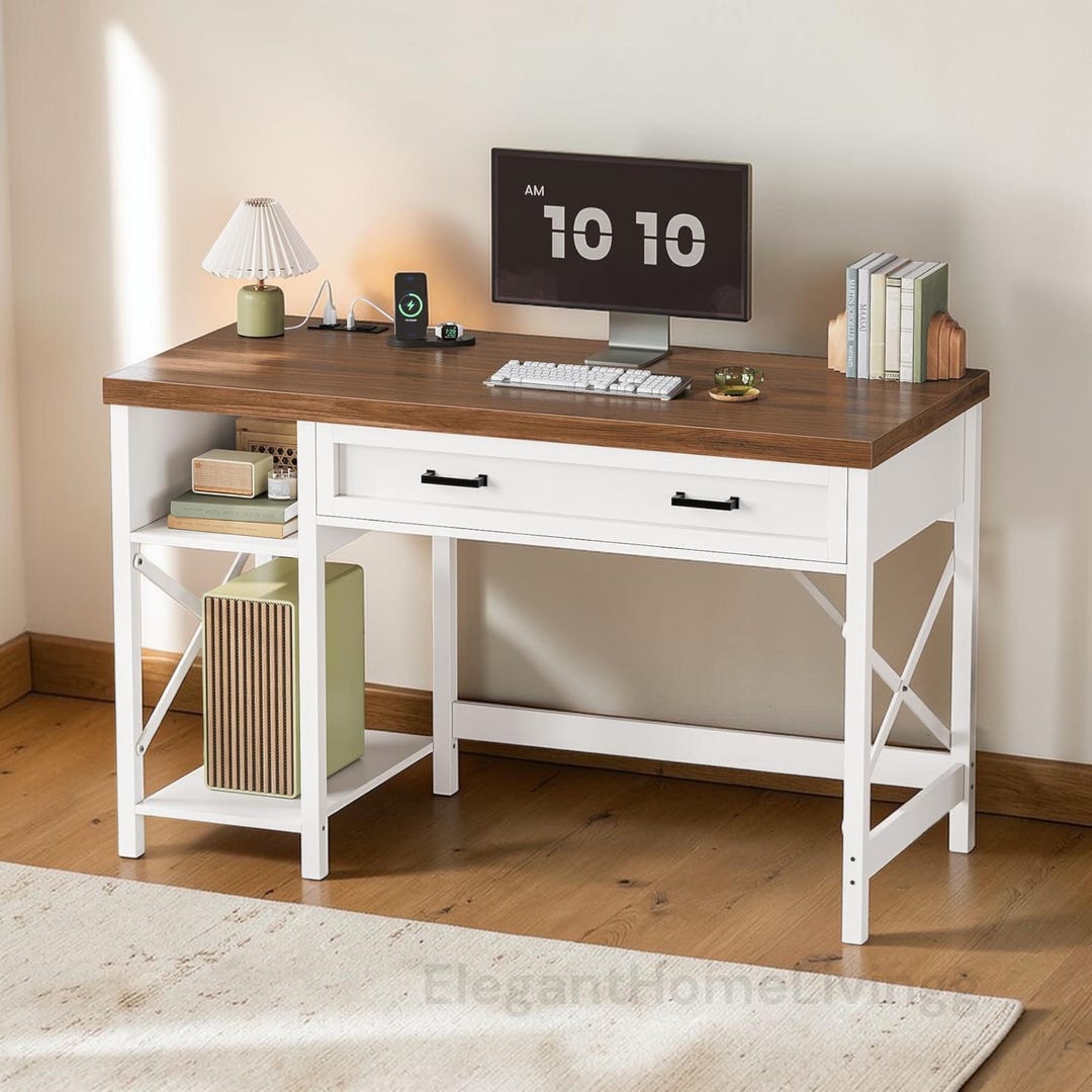 Farmhouse Computer Farmhouse Computer Desk With Drawer, Power Outlet, Storage Shelves - Etsy