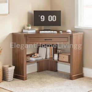 May include: A brown corner desk with a drawer, open shelves, and a monitor displaying "9:00". The desk has a keyboard, a small plant, and a cup. The desk is in a room with a window and a rug.