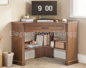 Compact Corner Desk with Storage Shelves, Small Space Workstation