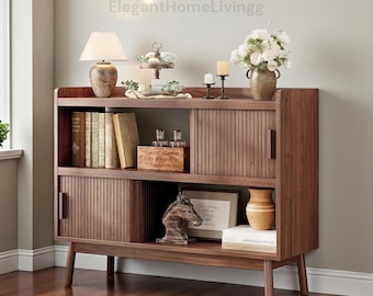 Fluted Sideboard Cabinet, Mid Century Buffet with Sliding Door, Storage (Built-In Outlet)
