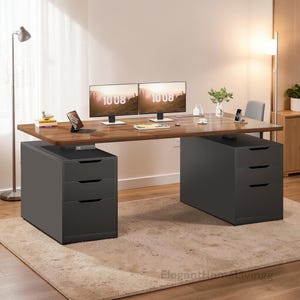 May include: A modern wooden desk with a dark brown surface and two dark gray drawer units. Two computer monitors display the time "10 08". A tablet, keyboard, and other office supplies are on the desk. The desk sits on a beige rug.