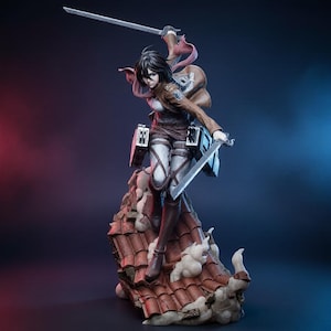 May include: A detailed anime-style figurine of a character with short black hair, wearing a brown jacket over a white shirt, dark pants, and tall boots. The figure holds two silver swords and stands on a base shaped like a tiled roof with smoke.