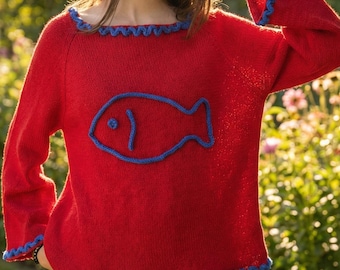 Handmade Red Knit Sweater, Blue Fish Motif, Scalloped Trim