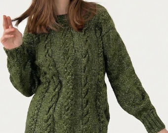 Handmade Merino Wool Cable Knit Sweater – Forest Green Jumper