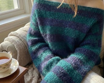 Off the Shoulder Mohair Sweater, Striped Oversized Knit Pullover, Chunky Green and Navy Blue Jumper, Hand Knitted Wool Sweater, Gift for Her