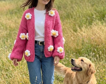 100% handgefertigte Daisy Flower Cardigan - Grobstrick rosa Pullover