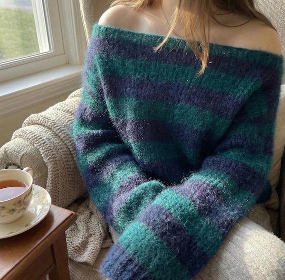 Off the Shoulder Mohair Sweater, Striped Oversized Knit Pullover, Chunky Green and Navy Blue Jumper, Hand Knitted Wool Sweater, Gift for Her