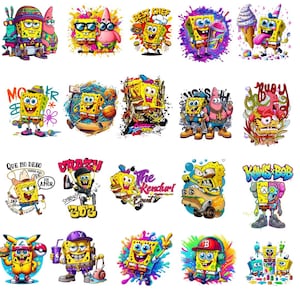 Puede incluir: Una colección de diseños gráficos coloridos con Bob Esponja en varias poses y estilos. Algunos diseños incluyen texto como "BEST CHEF EVER", "CRAZY" y "KAWS BOB". Las imágenes son vibrantes y divertidas, adecuadas para los fanáticos de la serie animada.